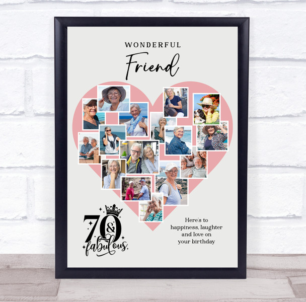 Photo Collage 70th Birthday Gift For Friend 16-Photo Pink Heart Print Or Canvas