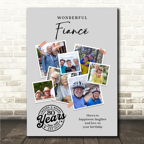 Photo Collage 80th Birthday Custom Gift For Fiancé 7-Photo Grey Print Or Canvas