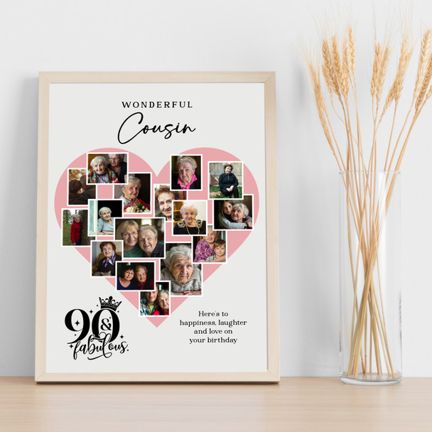 Photo Collage 90th Birthday Gift For Cousin 16-Photo Pink Heart Print Or Canvas