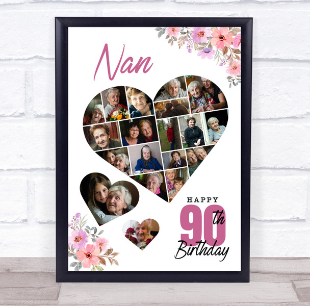 Photo Collage 90th Birthday Custom Gift For Nan 19-Photo Floral Print Or Canvas