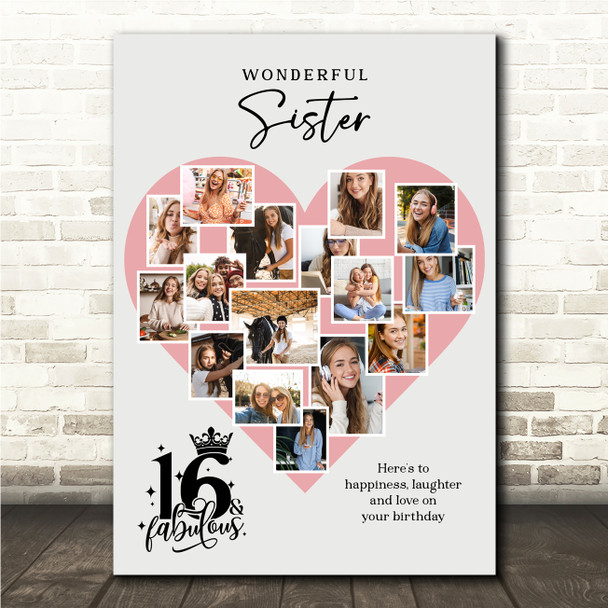 Photo Collage 16th Birthday Gift For Sister 16-Photo Pink Heart Print Or Canvas