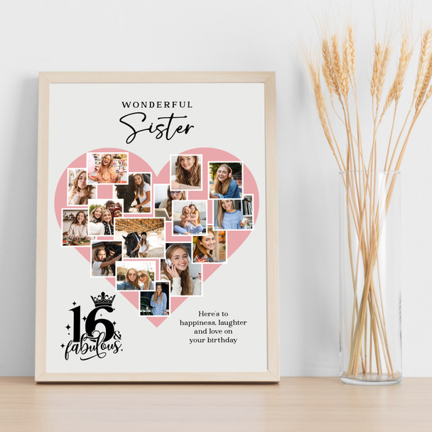 Photo Collage 16th Birthday Gift For Sister 16-Photo Pink Heart Print Or Canvas