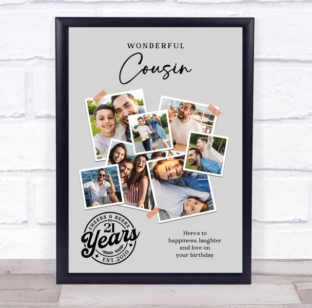 Photo Collage 21st Birthday Custom Gift For Cousin 7-Photo Grey Print Or Canvas