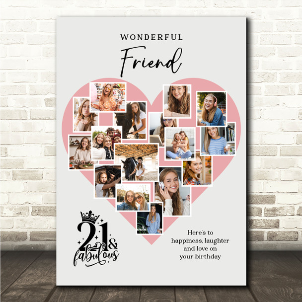 Photo Collage 21st Birthday Gift For Friend 16-Photo Pink Heart Print Or Canvas