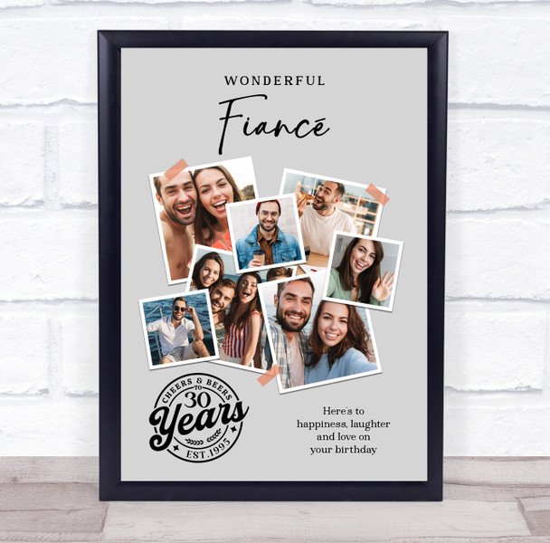 Photo Collage 30th Birthday Custom Gift For Fiancé 7-Photo Grey Print Or Canvas