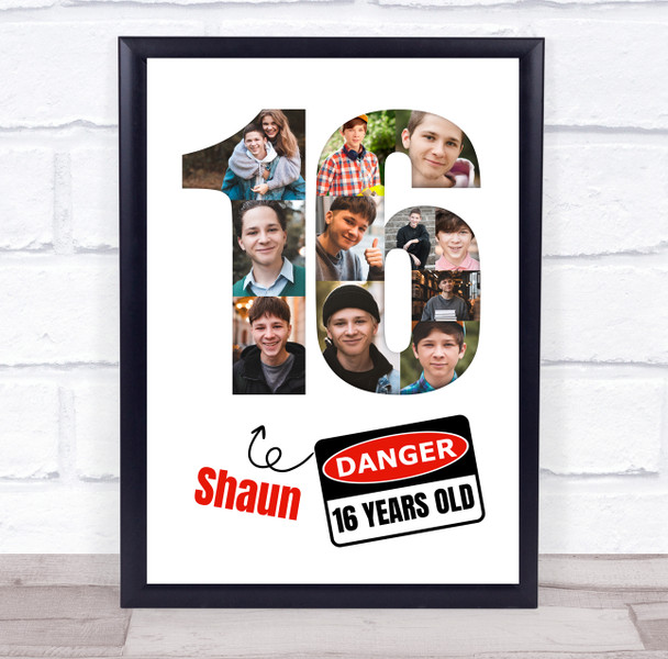 Photo Collage 11-Photo 16th Birthday Gift For Boys Danger Sign Print Canvas