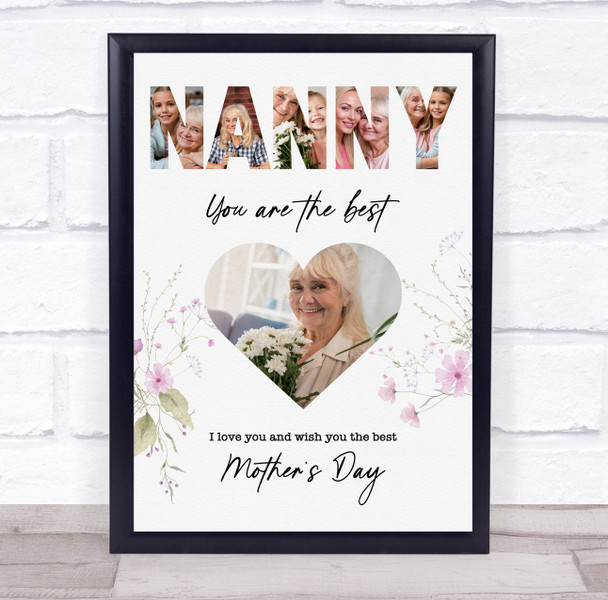 Photo Collage Gift For Nanny Mother's Day 4-Photo Heart Floral Print Or Canvas