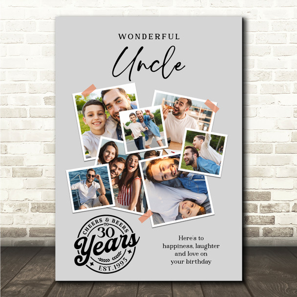 Photo Collage 30th Birthday Custom Gift For Uncle 7-Photo Grey Print Or Canvas