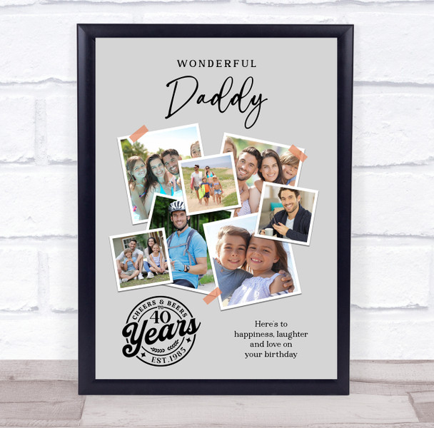 Photo Collage 40th Birthday Custom Gift For Daddy 7-Photo Grey Print Or Canvas