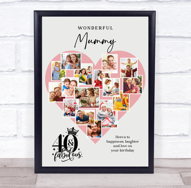 Photo Collage 40th Birthday Gift For Mummy 16-Photo Pink Heart Print Or Canvas