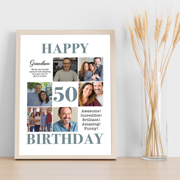Photo Collage 50th Birthday Gift For Grandson 6-Photo Portrait Print Or Canvas
