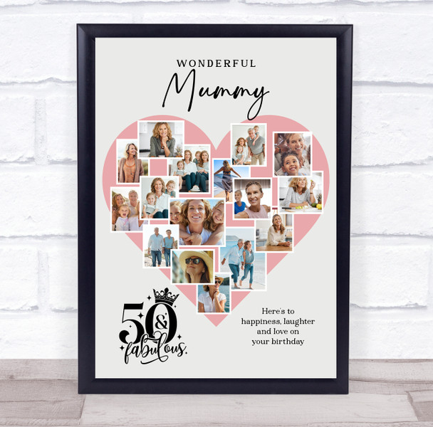 Photo Collage 50th Birthday Gift For Mummy 16-Photo Pink Heart Print Or Canvas