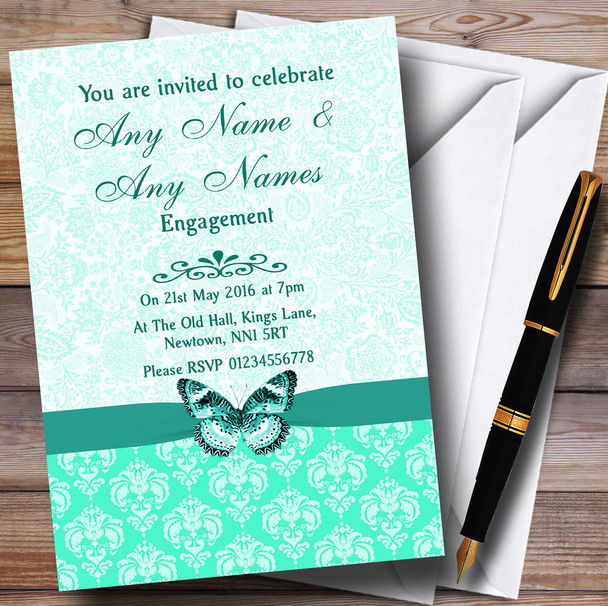 Mint Green Vintage Floral Damask Butterfly Customised Engagement Party Invitations