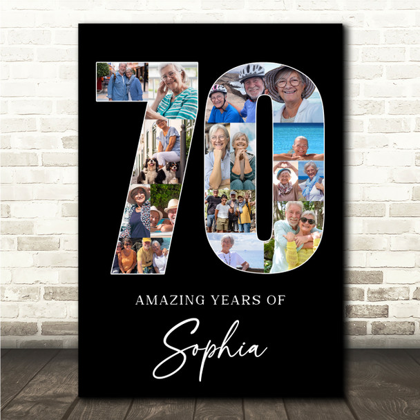 Photo Collage 70th Birthday Gift For Her 16-Photo Age 70 Black Print Or Canvas