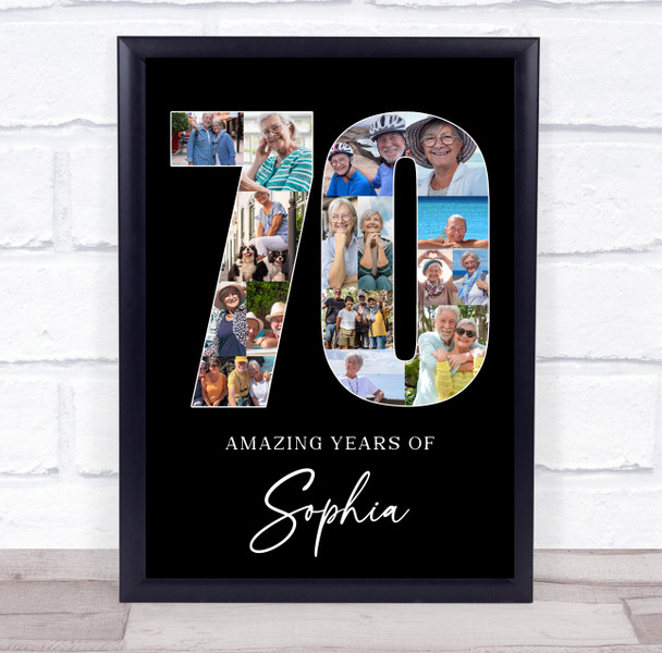 Photo Collage 70th Birthday Gift For Her 16-Photo Age 70 Black Print Or Canvas