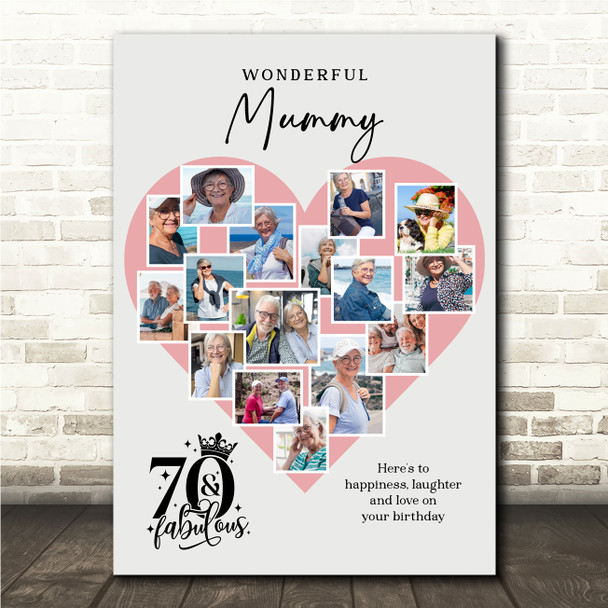 Photo Collage 70th Birthday Gift For Mummy 16-Photo Pink Heart Print Or Canvas