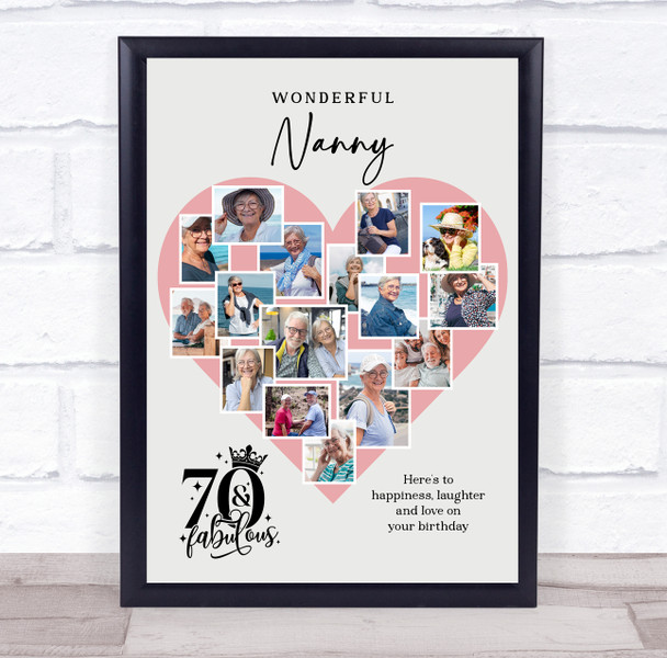 Photo Collage 70th Birthday Gift For Nanny 16-Photo Pink Heart Print Or Canvas