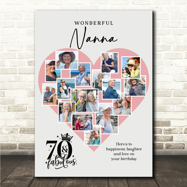 Photo Collage 70th Birthday Gift For Nanna 16-Photo Pink Heart Print Or Canvas