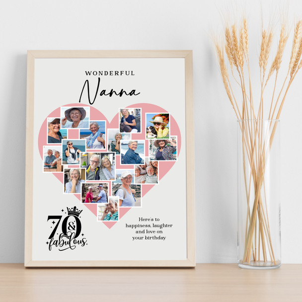 Photo Collage 70th Birthday Gift For Nanna 16-Photo Pink Heart Print Or Canvas