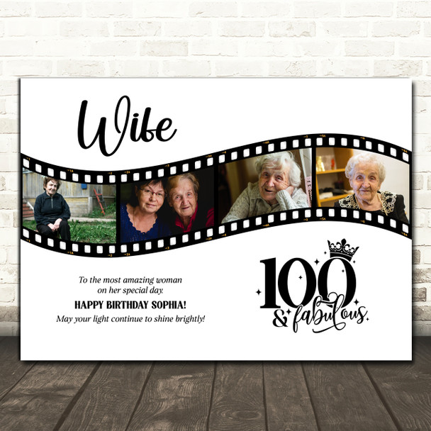 Photo Collage 100th Birthday Gift For Wife 4-Photo Camera Film Print Or Canvas