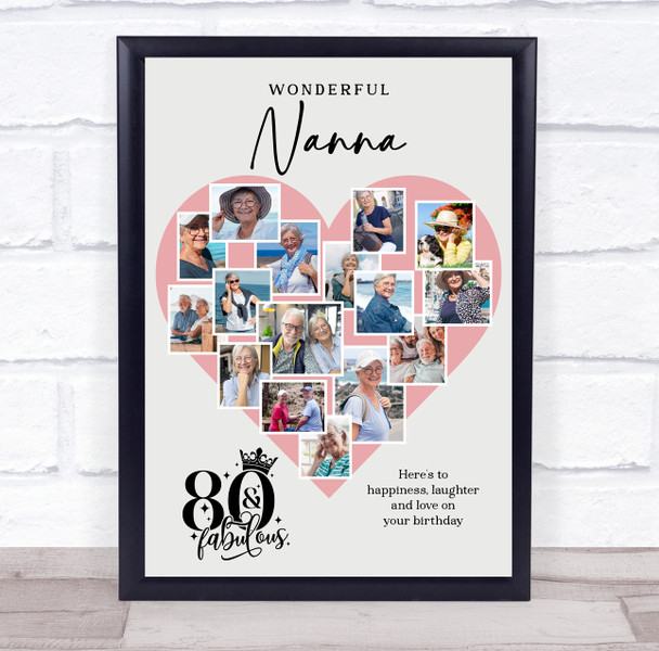 Photo Collage 80th Birthday Gift For Nanna 16-Photo Pink Heart Print Or Canvas