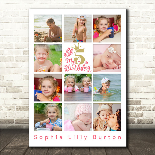 Photo Collage 11-Photo 5th Birthday Custom Gift For Kids Girls Print Or Canvas