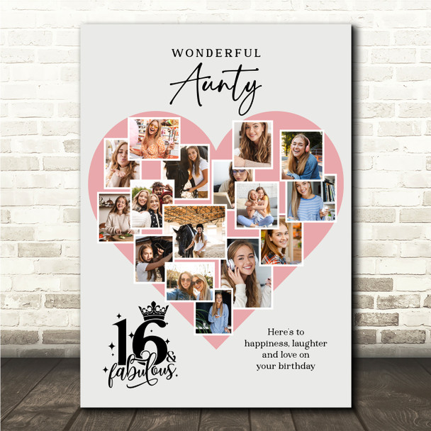 Photo Collage 16th Birthday Gift For Aunty 16-Photo Pink Heart Print Or Canvas