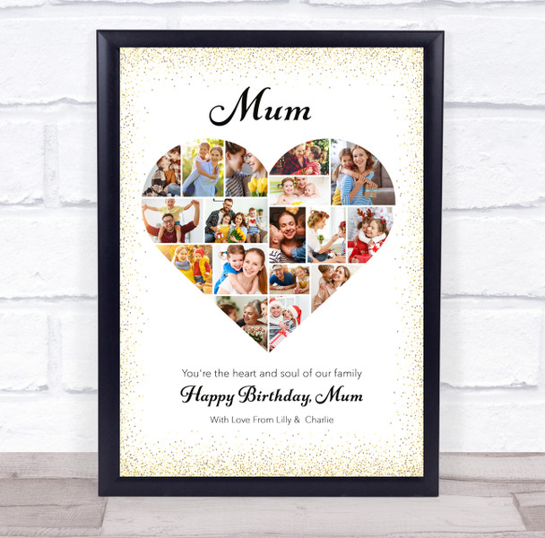 Photo Collage Mum Birthday Gift 17-Photo Heart Gold Dots Frame Print Or Canvas