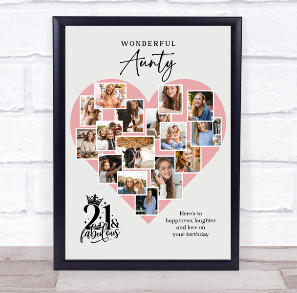 Photo Collage 21st Birthday Gift For Aunty 16-Photo Pink Heart Print Or Canvas