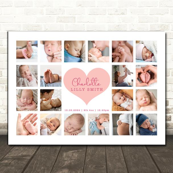 Photo Collage Gift For New Baby 20-Photo Pink Heart Landscape Print Or Canvas