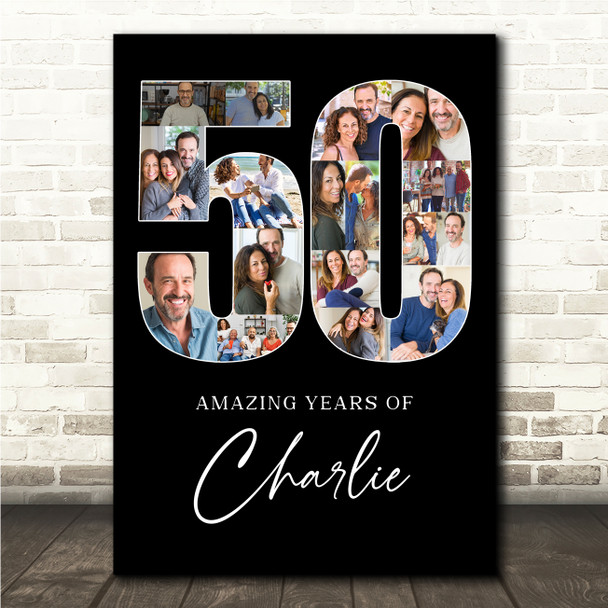 Photo Collage Print Canvas 50th Birthday 17-Photo Birthday Gift For Him 50 Black