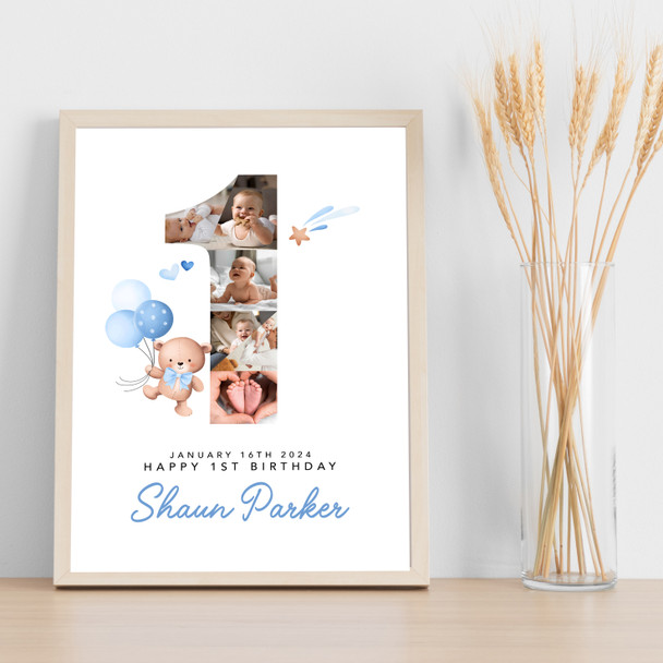 Photo Collage 6-Photo Blue Balloons Teddy 1st Birthday Gift For Kids Boys Print