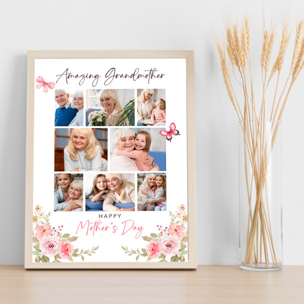Photo Collage Gift For Grandmother Mother's Day 8-Photo Pink Butterflies Print