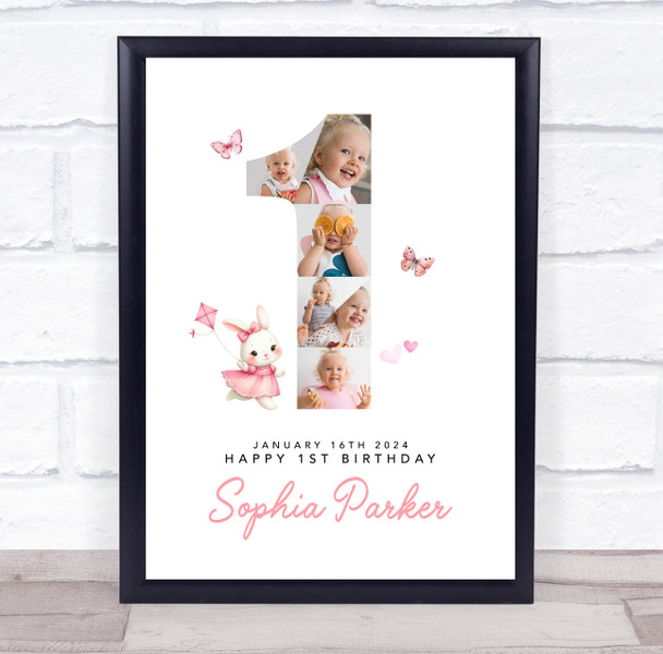 Photo Collage 6-Photo Pink Bunny Butterflies 1st Birthday Gift For Girls Print