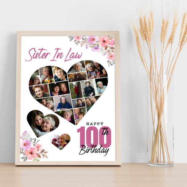 Photo Collage 100th Birthday Gift For Sister-In-Law 19-Photo Floral Print Canvas