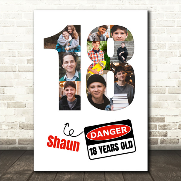 Photo Collage 9-Photo 18th Birthday Gift For Teens Boys Danger Sign Print Canvas