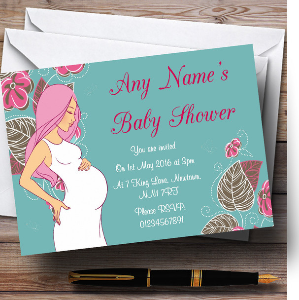 Turquoise Pregnant Lady Customised Baby Shower Invitations