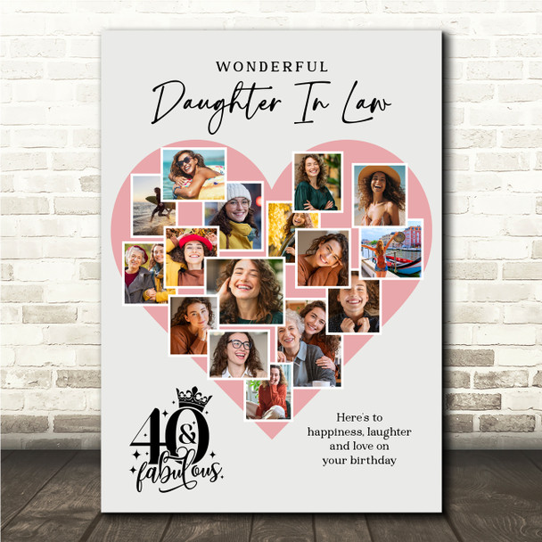 Photo Collage 40th Birthday Gift For Daughter-In-Law 16-Photo Pink Print Canvas