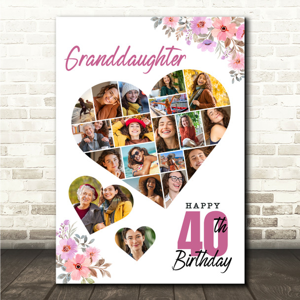 Photo Collage 40th Birthday Gift For Granddaughter 19-Photo Floral Print Canvas