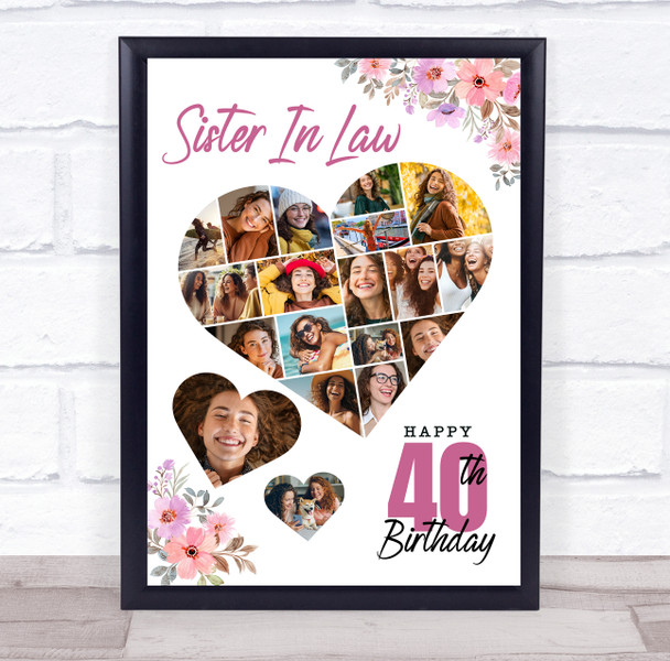 Photo Collage 40th Birthday Gift For Sister-In-Law 19-Photo Floral Print Canvas