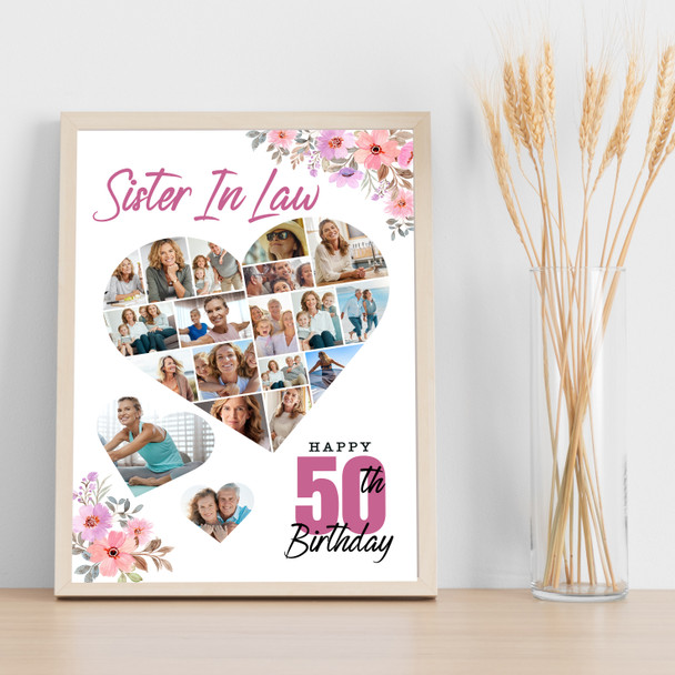 Photo Collage 50th Birthday Gift For Sister-In-Law 19-Photo Floral Print Canvas