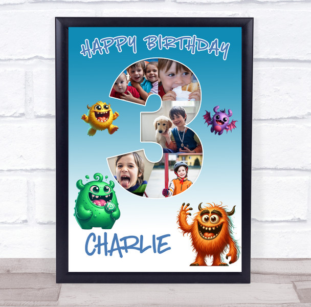 Photo Collage 5-Photo 3rd Birthday Gift For Toddlers Boys Monsters Print Canvas