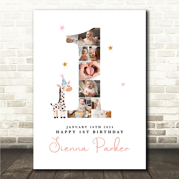Photo Collage 8-Photo Cute Pink Giraffe 1st Birthday Gift For Kids Print Canvas