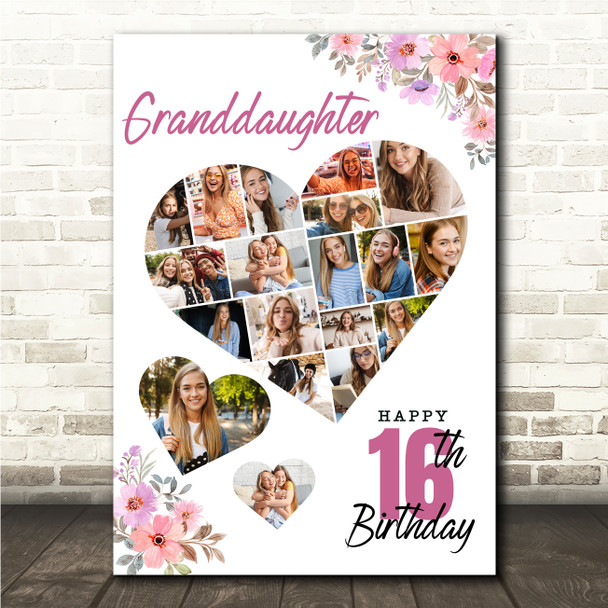 Photo Collage 16th Birthday Gift For Granddaughter 19-Photo Floral Print Canvas