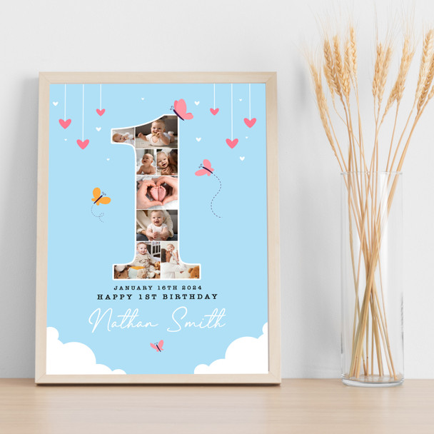 Photo Collage 8-Photo Blue Butterflies 1st Birthday Gift For Kids Print Canvas