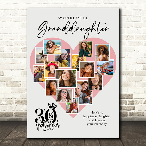 Photo Collage 30th Birthday Gift For Granddaughter 16-Photo Pink Print Or Canvas