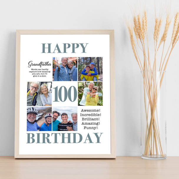 Photo Collage 100th Birthday Custom Gift For Grandfather 6-Photo Print Or Canvas