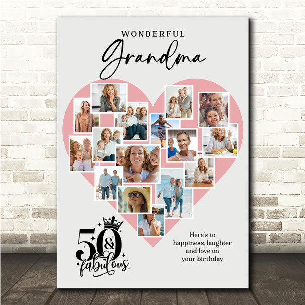 Photo Collage 50th Birthday Gift For Grandma 16-Photo Pink Heart Print Or Canvas