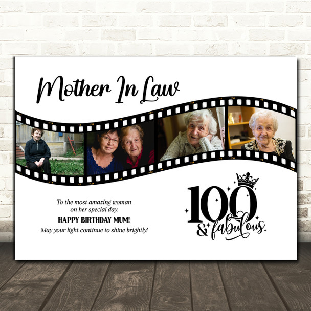 Photo Collage 100th Birthday Gift For Mother-In-Law 4-Photo Film Print Or Canvas