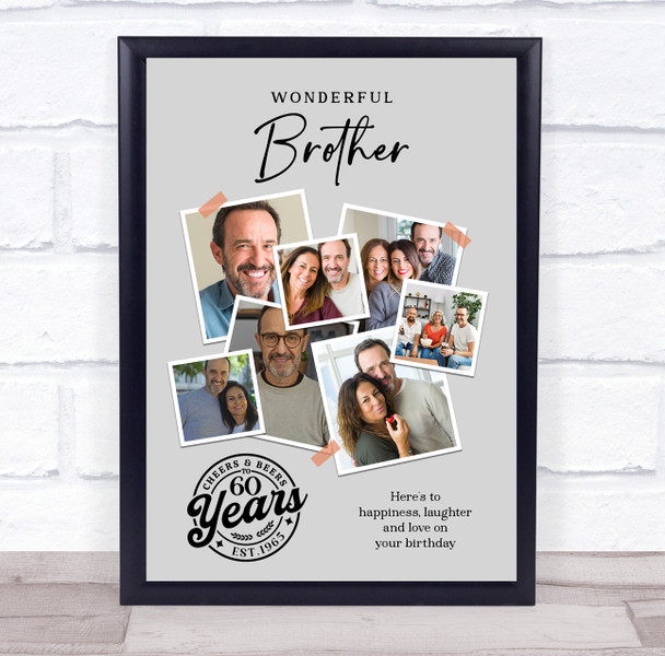Photo Collage 60th Birthday Custom Gift For Brother 7-Photo Grey Print Or Canvas